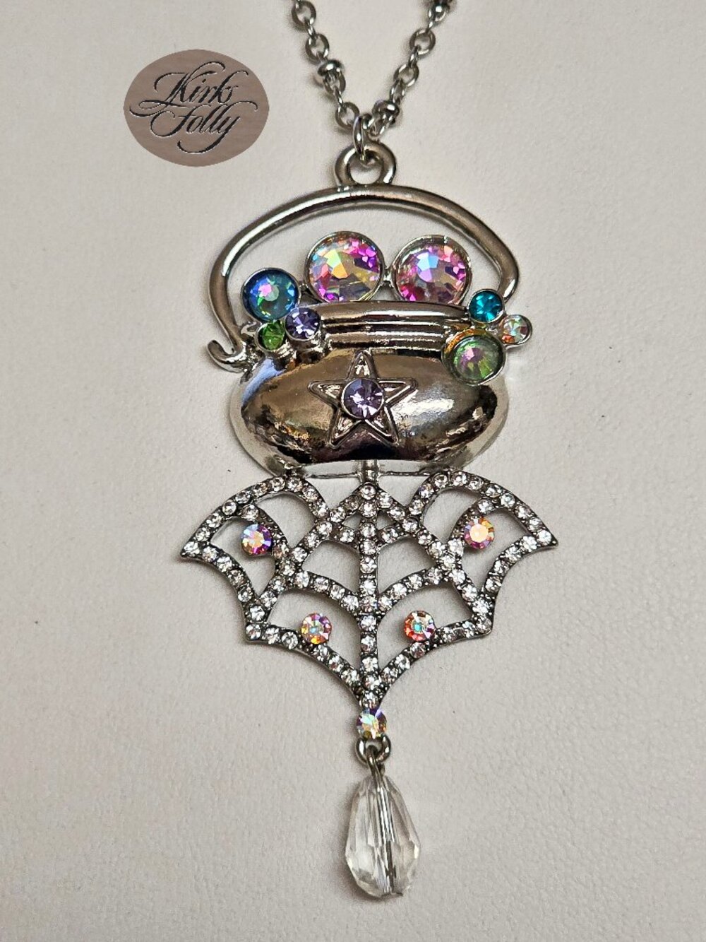 Kirks Folly Witches Brew Cauldron Necklace silvertone Halloween